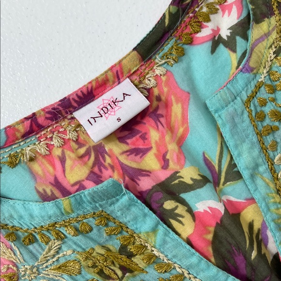 Indika Embroidered Tunic Top Floral V Neck Long Sleeve Light Teal Boho - Picture 3 of 8